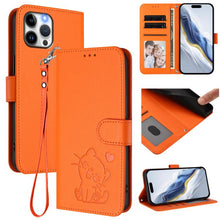 Load image into Gallery viewer, Embossed Heart Cat Leather Phone Case with Hand Strap, For iPhone 13 mini, For iPhone 12 / 12 Pro, For iPhone 12 Pro Max, For iPhone 12 mini