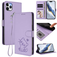 Load image into Gallery viewer, Embossed Heart Cat Leather Phone Case with Hand Strap, For iPhone 11 Pro Max, For iPhone 11, For iPhone 11 Pro, For iPhone X / XS