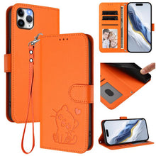 Load image into Gallery viewer, Embossed Heart Cat Leather Phone Case with Hand Strap, For iPhone 11 Pro Max, For iPhone 11, For iPhone 11 Pro, For iPhone X / XS