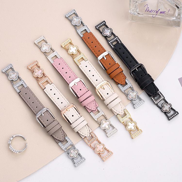 xDfind Four-leaf Clover Metal Hybrid Leather Watch Band, 14mm