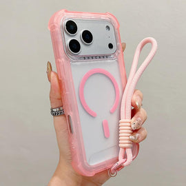 Transparent Matte TPU Hybrid PC 3-in-1 MagSafe Phone Case with Wrist Strap, For iPhone 18 Pro / 17 Pro, For iPhone 18 Pro Max / 17 Pro Max, For iPhone 17, For iPhone Air, For iPhone 16 Pro Max, For iPhone 16 Pro, For iPhone 16 Plus, For iPhone 16