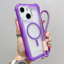 Load image into Gallery viewer, Transparent Matte TPU Hybrid PC 3-in-1 MagSafe Phone Case with Wrist Strap, For iPhone 15 Pro Max, For iPhone 15 Pro, For iPhone 15 Plus, For iPhone 15, For iPhone 14 Plus, For iPhone 14, For iPhone 14 Pro, For iPhone 14 Pro Max
