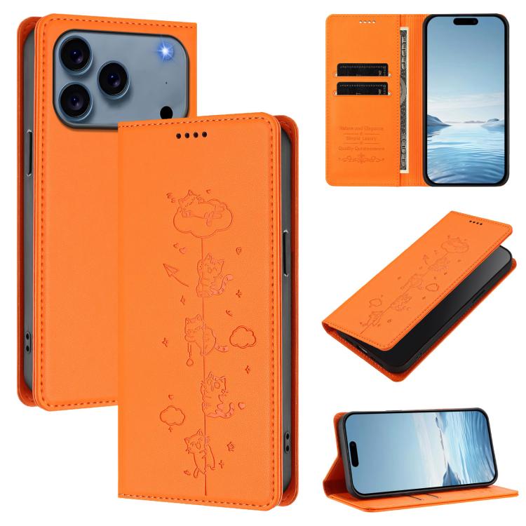 Cute Cats Embossed Magnetic RFID Vegan Leather Phone Case, For iPhone 17e / 16e, For iPhone 17 Pro Max, For iPhone 17 Pro, For iPhone 17
