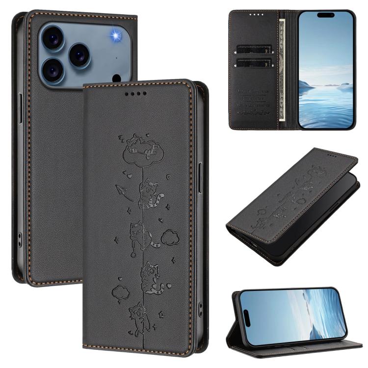 Cute Cats Embossed Magnetic RFID Vegan Leather Phone Case, For iPhone 17e / 16e, For iPhone 17 Pro Max, For iPhone 17 Pro, For iPhone 17