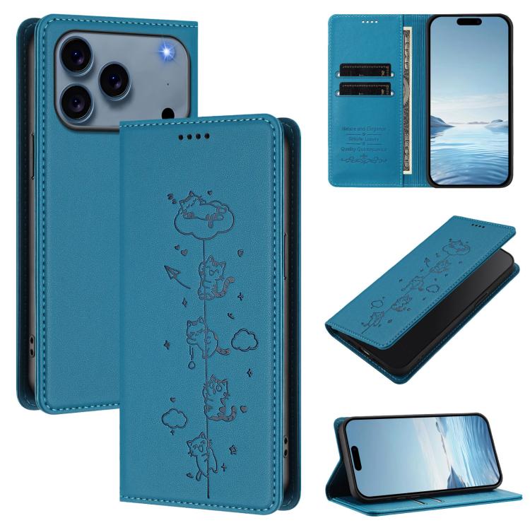 Cute Cats Embossed Magnetic RFID Vegan Leather Phone Case, For iPhone 17e / 16e, For iPhone 17 Pro Max, For iPhone 17 Pro, For iPhone 17
