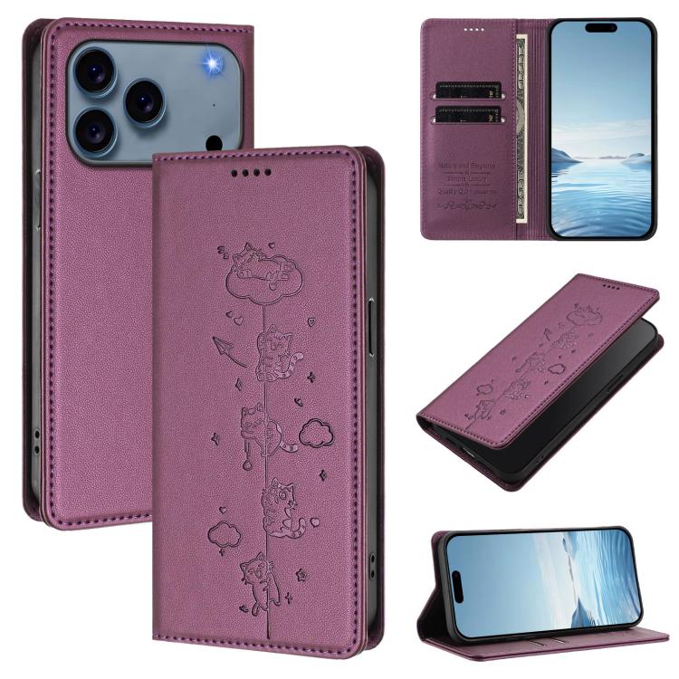 Cute Cats Embossed Magnetic RFID Vegan Leather Phone Case, For iPhone 17e / 16e, For iPhone 17 Pro Max, For iPhone 17 Pro, For iPhone 17