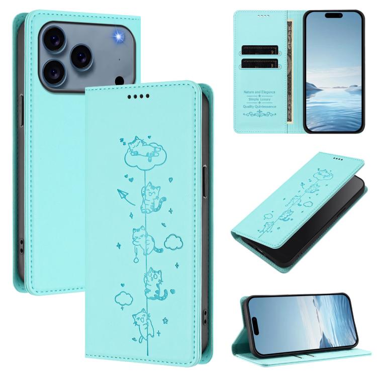 Cute Cats Embossed Magnetic RFID Vegan Leather Phone Case, For iPhone 17e / 16e, For iPhone 17 Pro Max, For iPhone 17 Pro, For iPhone 17