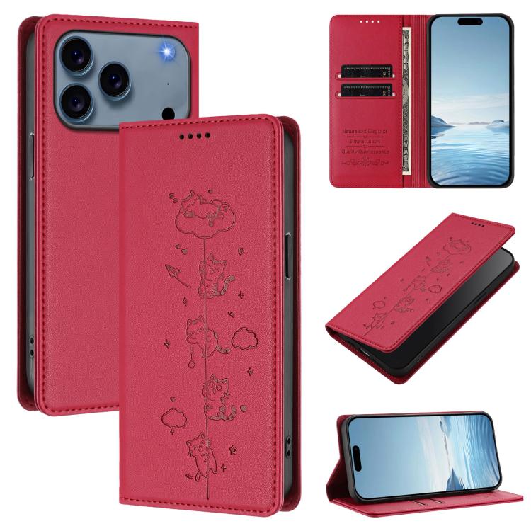 Cute Cats Embossed Magnetic RFID Vegan Leather Phone Case, For iPhone 17e / 16e, For iPhone 17 Pro Max, For iPhone 17 Pro, For iPhone 17