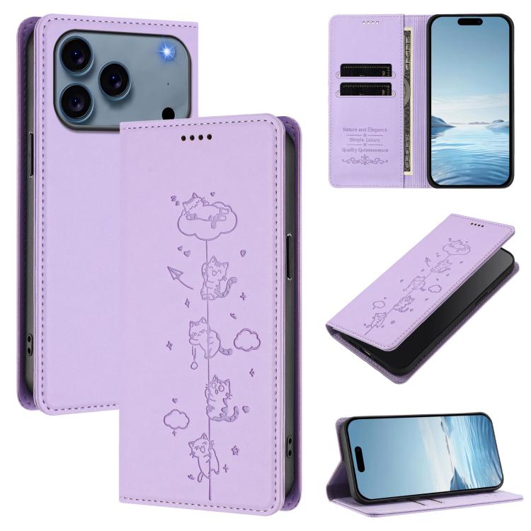 Cute Cats Embossed Magnetic RFID Vegan Leather Phone Case, For iPhone 17e / 16e, For iPhone 17 Pro Max, For iPhone 17 Pro, For iPhone 17