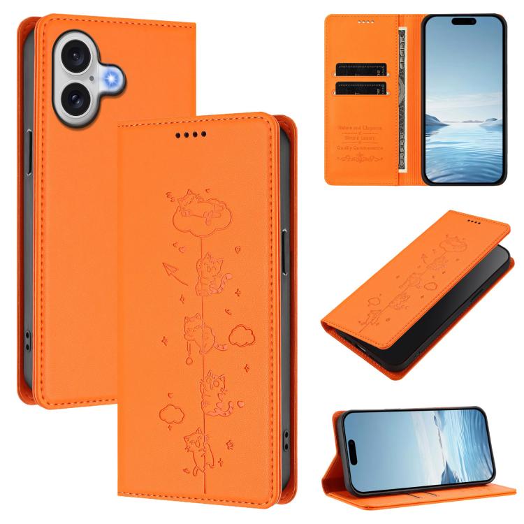 Cute Cats Embossed Magnetic RFID Vegan Leather Phone Case, For iPhone 17e / 16e, For iPhone 17 Pro Max, For iPhone 17 Pro, For iPhone 17