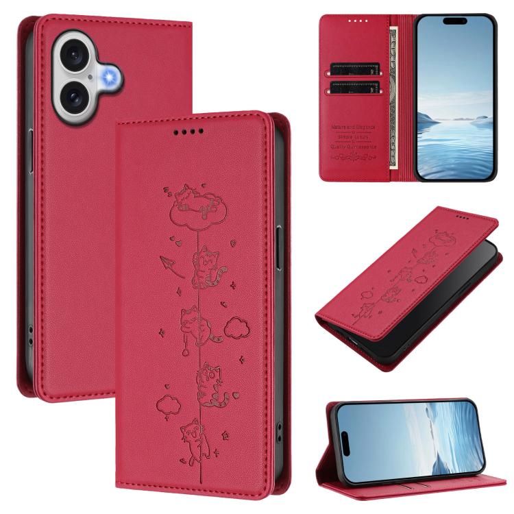 Cute Cats Embossed Magnetic RFID Vegan Leather Phone Case, For iPhone 17e / 16e, For iPhone 17 Pro Max, For iPhone 17 Pro, For iPhone 17