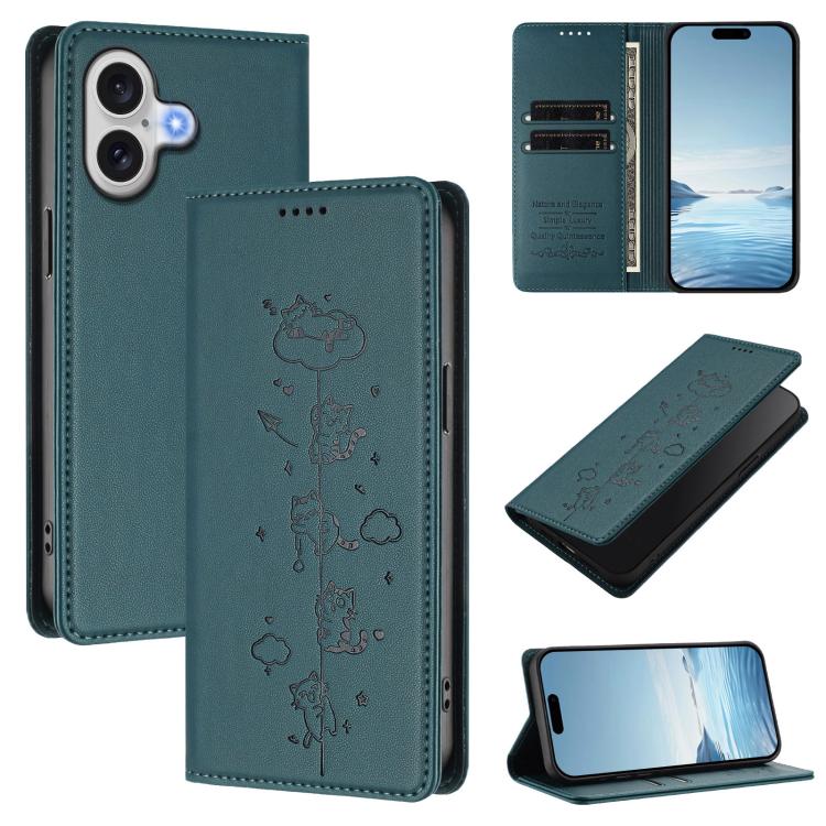 Cute Cats Embossed Magnetic RFID Vegan Leather Phone Case, For iPhone 17e / 16e, For iPhone 17 Pro Max, For iPhone 17 Pro, For iPhone 17