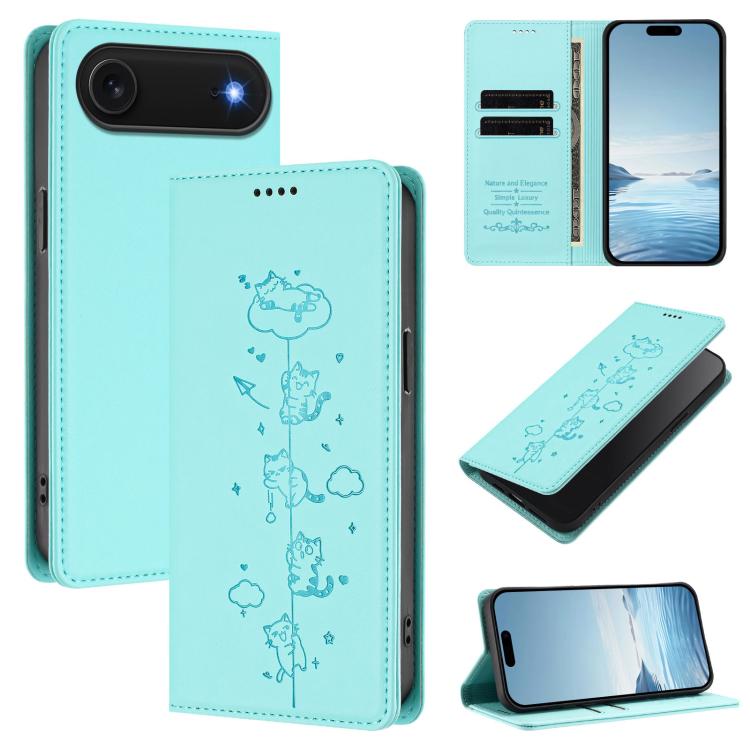 Cute Cats Embossed Magnetic RFID Vegan Leather Phone Case, For iPhone Air, For iPhone 16 Pro Max, For iPhone 16 Pro, For iPhone 16 Plus
