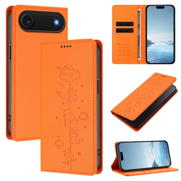 Cute Cats Embossed Magnetic RFID Vegan Leather Phone Case, For iPhone Air, For iPhone 16 Pro Max, For iPhone 16 Pro, For iPhone 16 Plus