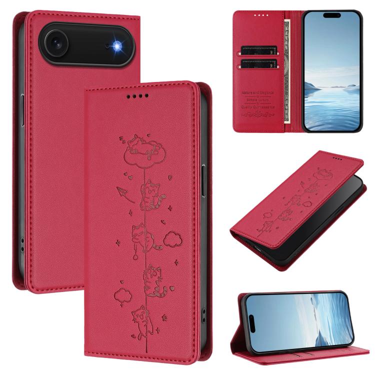Cute Cats Embossed Magnetic RFID Vegan Leather Phone Case, For iPhone Air, For iPhone 16 Pro Max, For iPhone 16 Pro, For iPhone 16 Plus