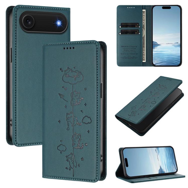 Cute Cats Embossed Magnetic RFID Vegan Leather Phone Case, For iPhone Air, For iPhone 16 Pro Max, For iPhone 16 Pro, For iPhone 16 Plus
