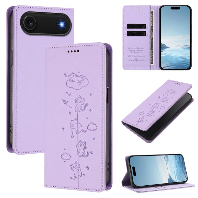 Cute Cats Embossed Magnetic RFID Vegan Leather Phone Case, For iPhone Air, For iPhone 16 Pro Max, For iPhone 16 Pro, For iPhone 16 Plus