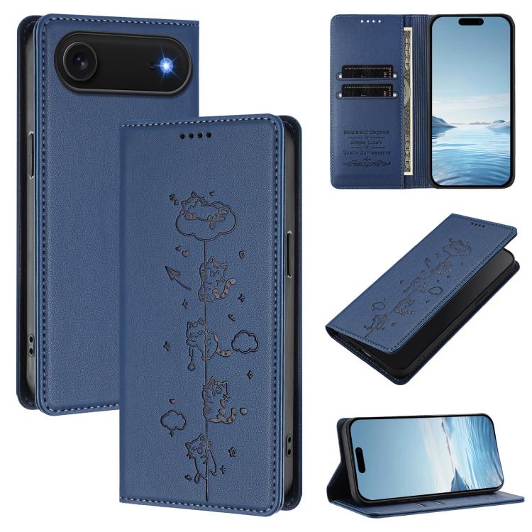 Cute Cats Embossed Magnetic RFID Vegan Leather Phone Case, For iPhone Air, For iPhone 16 Pro Max, For iPhone 16 Pro, For iPhone 16 Plus