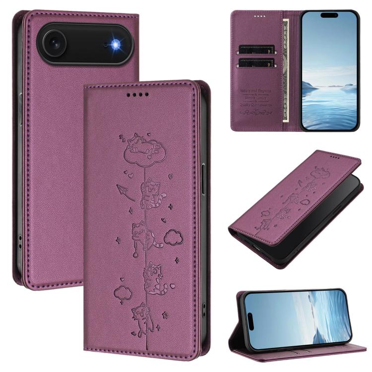Cute Cats Embossed Magnetic RFID Vegan Leather Phone Case, For iPhone Air, For iPhone 16 Pro Max, For iPhone 16 Pro, For iPhone 16 Plus