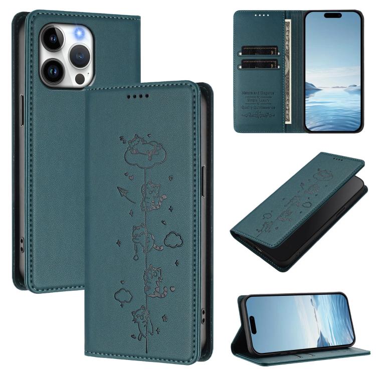 Cute Cats Embossed Magnetic RFID Vegan Leather Phone Case, For iPhone Air, For iPhone 16 Pro Max, For iPhone 16 Pro, For iPhone 16 Plus