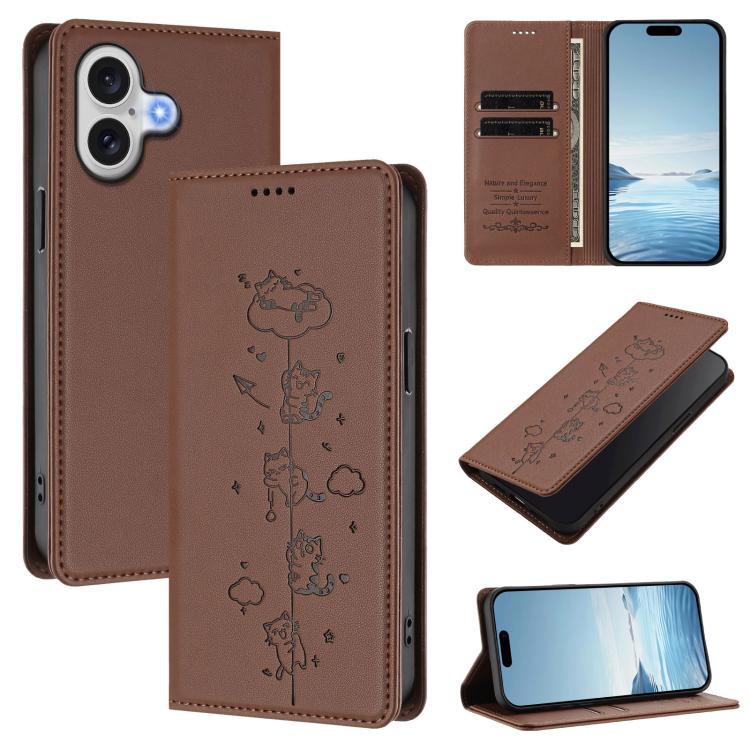 Cute Cats Embossed Magnetic RFID Vegan Leather Phone Case, For iPhone Air, For iPhone 16 Pro Max, For iPhone 16 Pro, For iPhone 16 Plus