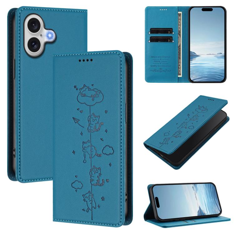 Cute Cats Embossed Magnetic RFID Vegan Leather Phone Case, For iPhone 16, For iPhone 15 Pro Max, For iPhone 15 Pro, For iPhone 15 Plus