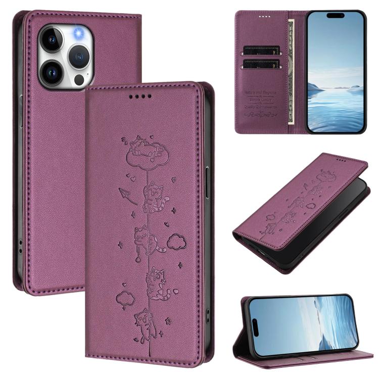 Cute Cats Embossed Magnetic RFID Vegan Leather Phone Case, For iPhone 16, For iPhone 15 Pro Max, For iPhone 15 Pro, For iPhone 15 Plus