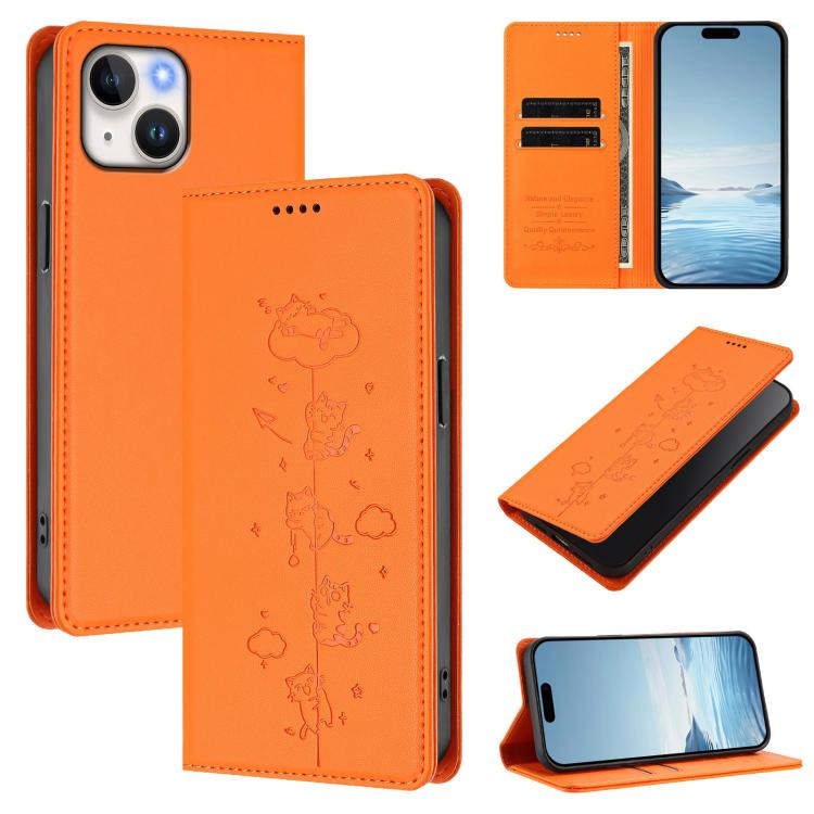 Cute Cats Embossed Magnetic RFID Vegan Leather Phone Case, For iPhone 16, For iPhone 15 Pro Max, For iPhone 15 Pro, For iPhone 15 Plus