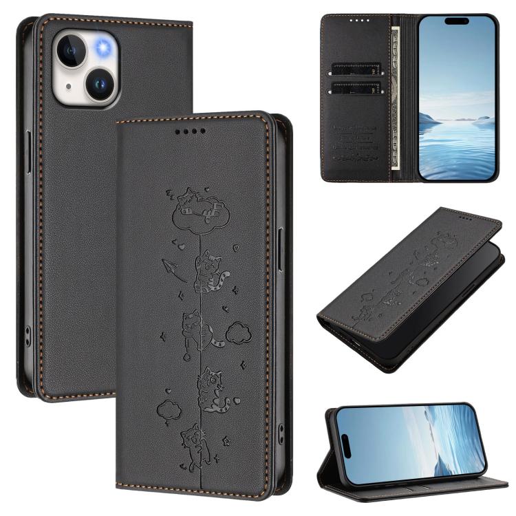 Cute Cats Embossed Magnetic RFID Vegan Leather Phone Case, For iPhone 16, For iPhone 15 Pro Max, For iPhone 15 Pro, For iPhone 15 Plus