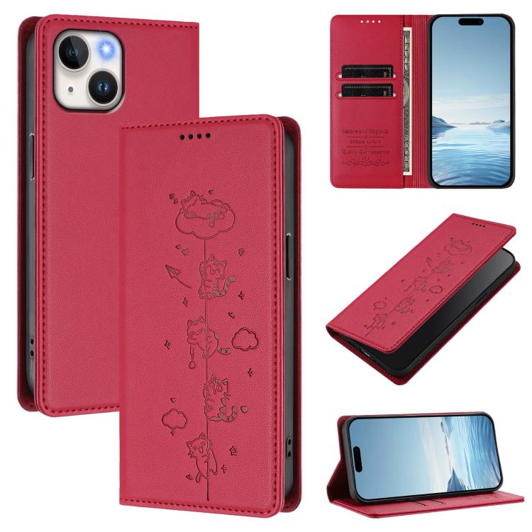 Cute Cats Embossed Magnetic RFID Vegan Leather Phone Case, For iPhone 16, For iPhone 15 Pro Max, For iPhone 15 Pro, For iPhone 15 Plus