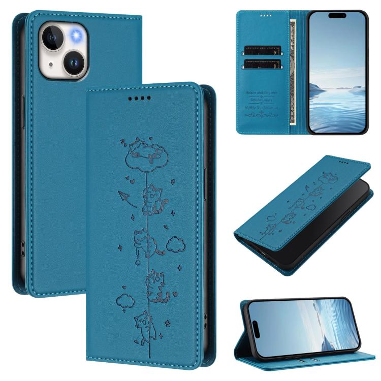 Cute Cats Embossed Magnetic RFID Vegan Leather Phone Case, For iPhone 16, For iPhone 15 Pro Max, For iPhone 15 Pro, For iPhone 15 Plus