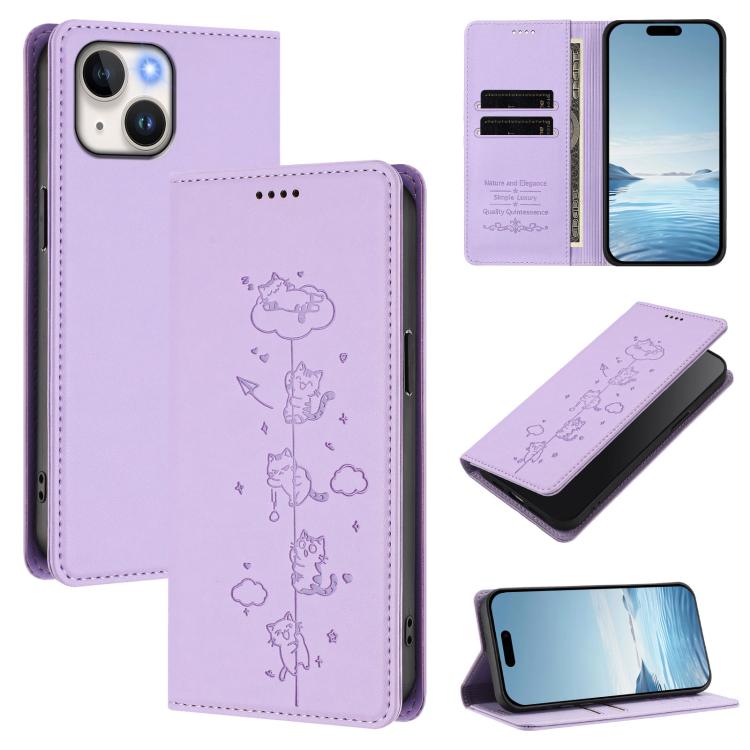 Cute Cats Embossed Magnetic RFID Vegan Leather Phone Case, For iPhone 16, For iPhone 15 Pro Max, For iPhone 15 Pro, For iPhone 15 Plus