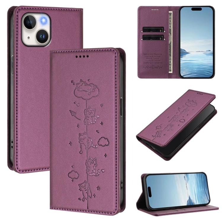 Cute Cats Embossed Magnetic RFID Vegan Leather Phone Case, For iPhone 16, For iPhone 15 Pro Max, For iPhone 15 Pro, For iPhone 15 Plus