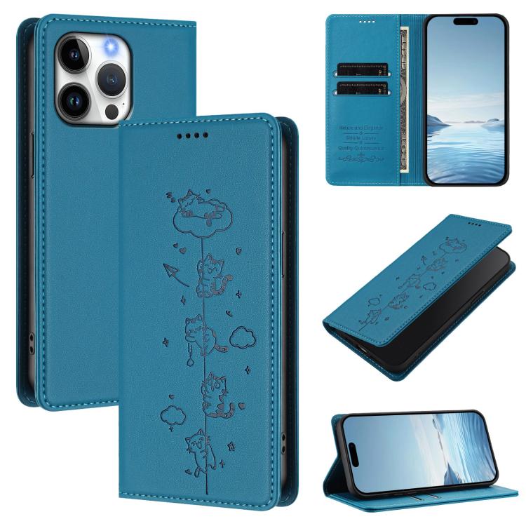 Cute Cats Embossed Magnetic RFID Vegan Leather Phone Case, For iPhone 14 Pro Max, For iPhone 13 Pro Max, For iPhone 13 Pro, For iPhone 12 Pro Max