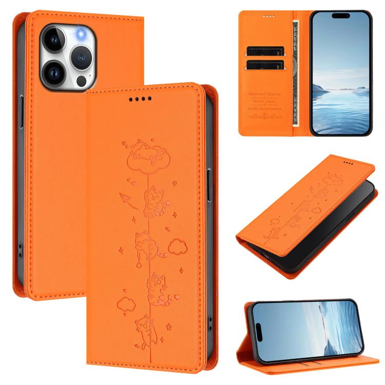 Cute Cats Embossed Magnetic RFID Vegan Leather Phone Case, For iPhone 14 Pro Max, For iPhone 13 Pro Max, For iPhone 13 Pro, For iPhone 12 Pro Max