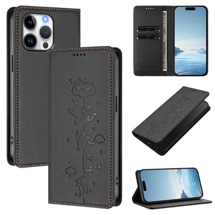 Cute Cats Embossed Magnetic RFID Vegan Leather Phone Case, For iPhone 14 Pro Max, For iPhone 13 Pro Max, For iPhone 13 Pro, For iPhone 12 Pro Max