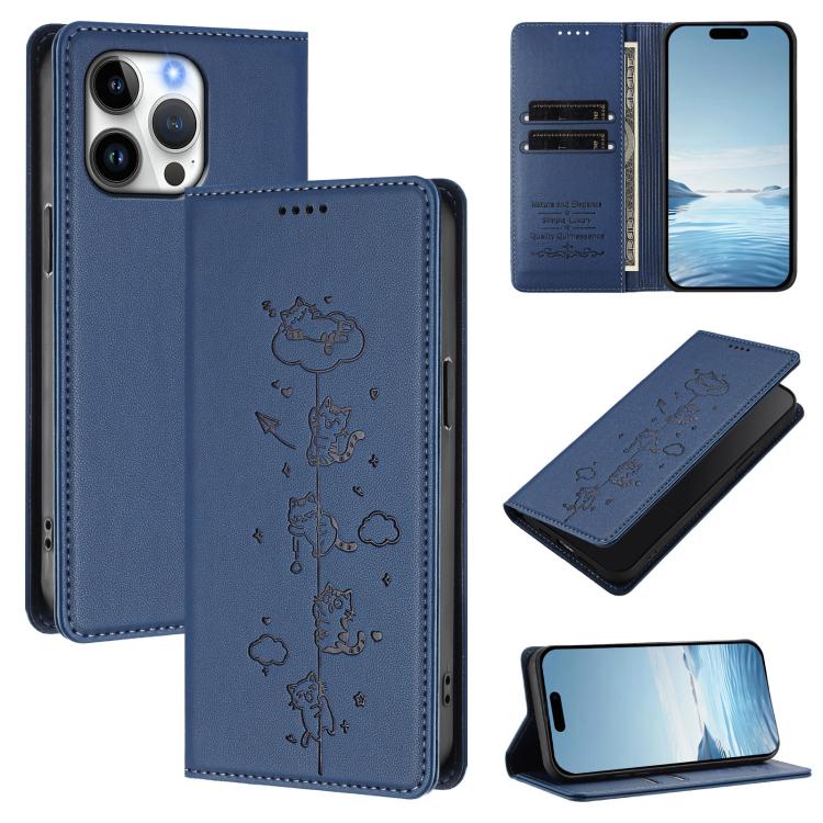 Cute Cats Embossed Magnetic RFID Vegan Leather Phone Case, For iPhone 14 Pro Max, For iPhone 13 Pro Max, For iPhone 13 Pro, For iPhone 12 Pro Max