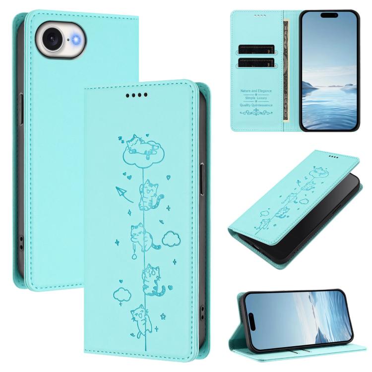 Cute Cats Embossed Magnetic RFID Vegan Leather Phone Case, For iPhone 17e / 16e, For iPhone 17 Pro Max, For iPhone 17 Pro, For iPhone 17