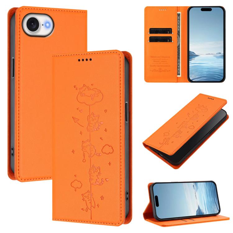 Cute Cats Embossed Magnetic RFID Vegan Leather Phone Case, For iPhone 17e / 16e, For iPhone 17 Pro Max, For iPhone 17 Pro, For iPhone 17