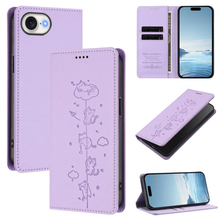 Cute Cats Embossed Magnetic RFID Vegan Leather Phone Case, For iPhone 17e / 16e, For iPhone 17 Pro Max, For iPhone 17 Pro, For iPhone 17