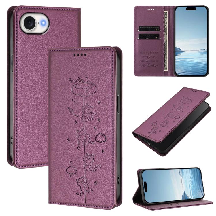 Cute Cats Embossed Magnetic RFID Vegan Leather Phone Case, For iPhone 17e / 16e, For iPhone 17 Pro Max, For iPhone 17 Pro, For iPhone 17