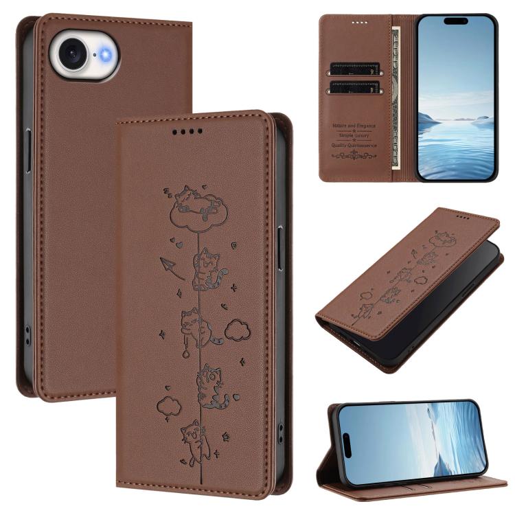 Cute Cats Embossed Magnetic RFID Vegan Leather Phone Case, For iPhone 17e / 16e, For iPhone 17 Pro Max, For iPhone 17 Pro, For iPhone 17