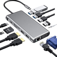 Load image into Gallery viewer, 12 in 1 HDMI x2 + USB3.0 + USB2.0 + PD Charging + VGA + RJ45 + 3.5mm Jack + TF/SD x2 Type-C / USB-C HUB Docking Station