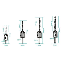 Load image into Gallery viewer, 4 in 1 Woodworking Countersink Chamfer Three-Pointed High-Speed Steel Drill Bits Set, 3-6mm, 4 PCS/Set