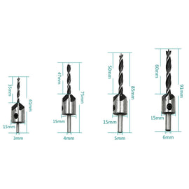 4 in 1 Woodworking Countersink Chamfer Three-Pointed High-Speed Steel Drill Bits Set, 3-6mm, 4 PCS/Set