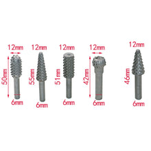 Load image into Gallery viewer, 5 PCS/Set Woodworking Wood Carving 6mm Shank Rotating Embossed Grinding Head File Rasp Drill Bits, 5 PCS/Set Drill Bits