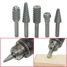 Load image into Gallery viewer, 5 PCS/Set Woodworking Wood Carving 6mm Shank Rotating Embossed Grinding Head File Rasp Drill Bits, 5 PCS/Set Drill Bits