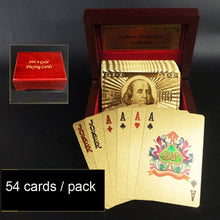 Load image into Gallery viewer, Creative Frosted Back Texture Plastic From Vegas to Macau Playing Cards Texas Poker with Wooden Gift Box, Golden Dollar Wooden Gift Box, Golden Tattice Gift Box