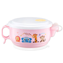 Load image into Gallery viewer, 450ml Stainless Steel Interior And Plastic Exterior Double Layer Cartoon Style Bowl With Cover And Handles for Child At Age 2 to 9