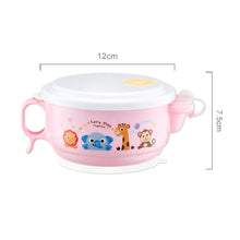 Load image into Gallery viewer, 450ml Stainless Steel Interior And Plastic Exterior Double Layer Cartoon Style Bowl With Cover And Handles for Child At Age 2 to 9